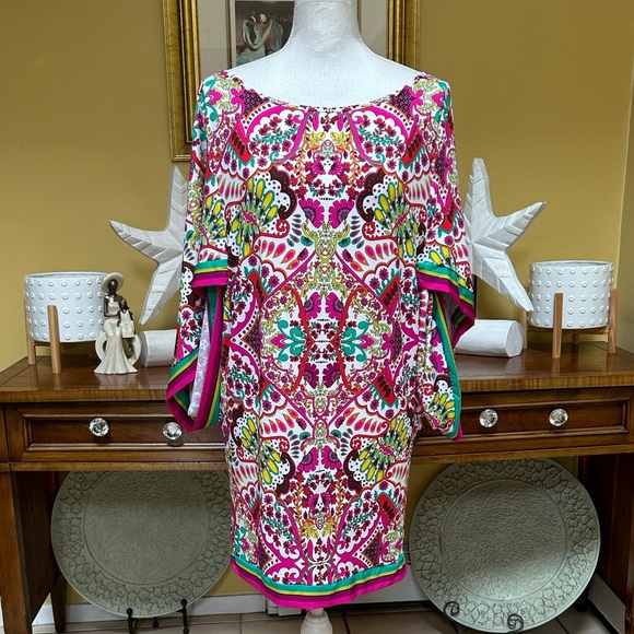 Trina Turk NWT Pink & Green Hawaiian Garden Boatneck Tunic Swim Cover Mini Dress - Picture 3 of 16